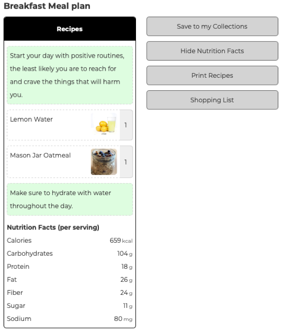 Breakfast sample collection with nutritional facts